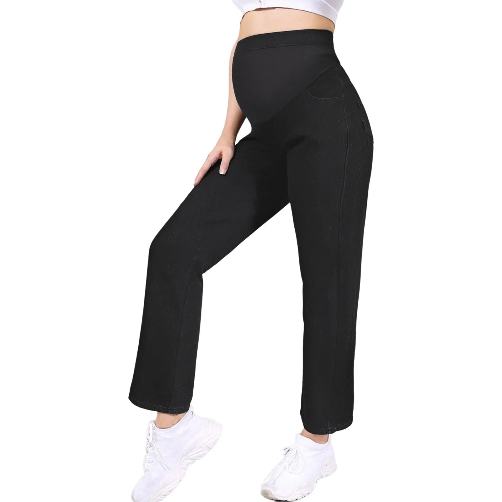 Premama Clothes Maternity Moms Jeans Adjustable High Waist Trousers Pregnant Women Casual Wide-Leg Denim Pants with Pockets
