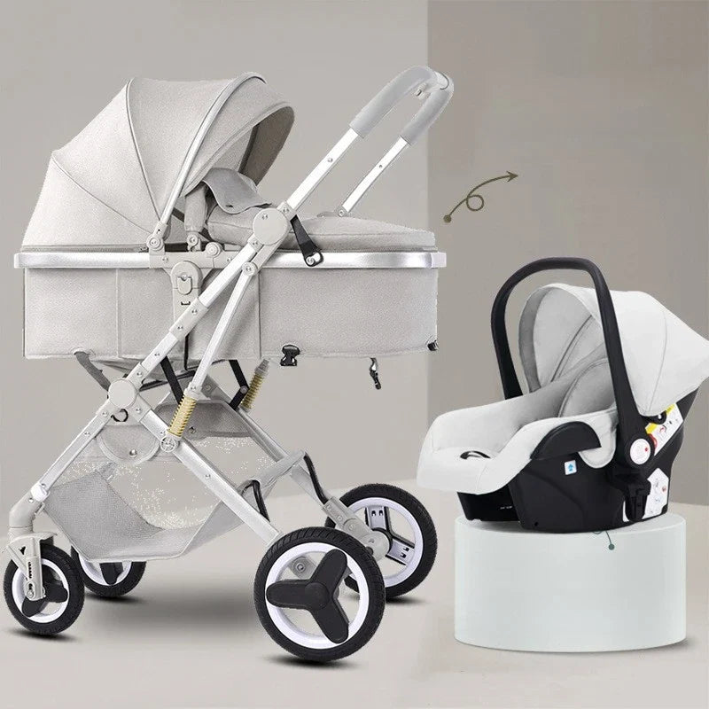 Newborn 3-in-1 Stroller with High View, Two-way Sitting and Lying Function, Baby Stroller with Carrycot and Car Safety Seat