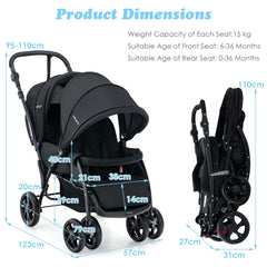 NNECW Folding Double Baby Stroller with Tandem Seating &amp; Canopy for Toddlers-Black