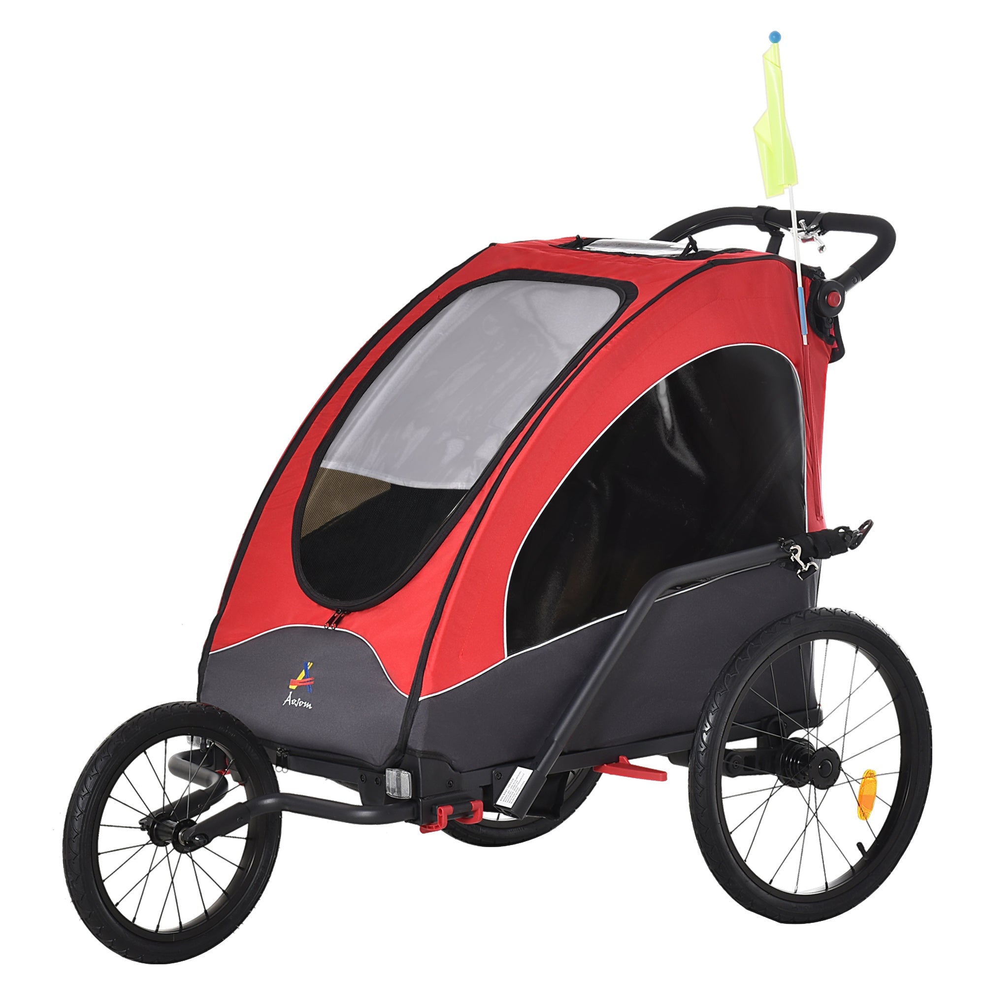 Bike Trailer for Kids 3 In1 Foldable Child Jogger Stroller Baby Stroller Transport Carrier with Shock Absorber System Rubber Tires Adjustable Handlebar Kid Bicycle Trailer Red and Grey