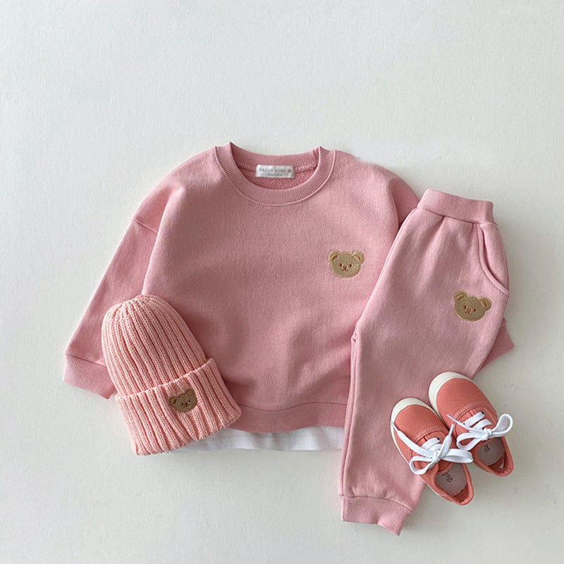 Korean Style Ins Newborn Infant Children's Cotton Bear Round Neck Sweater Sports Suit Baby Leisure Cartoon Two Piece Set