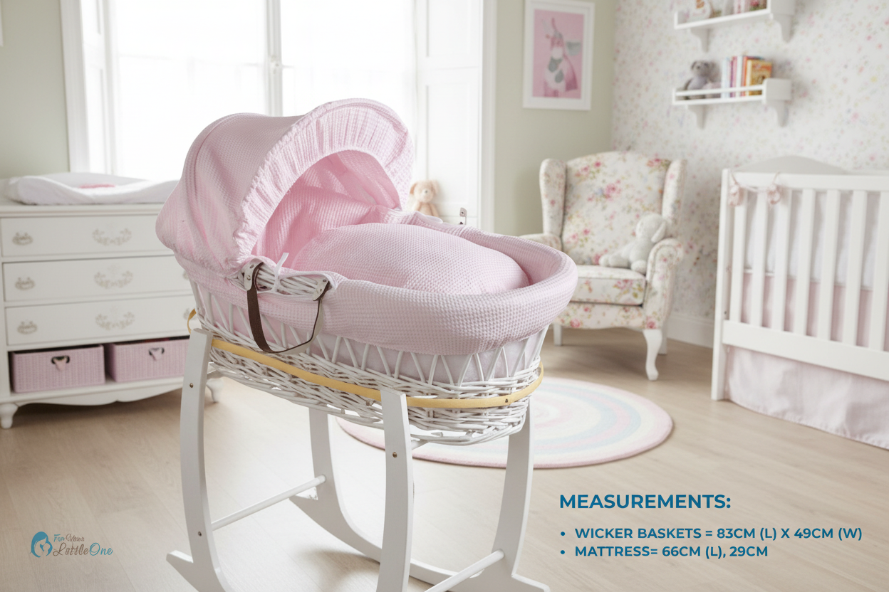 Pink Dimple White Wicker Baby Moses Basket With Stand