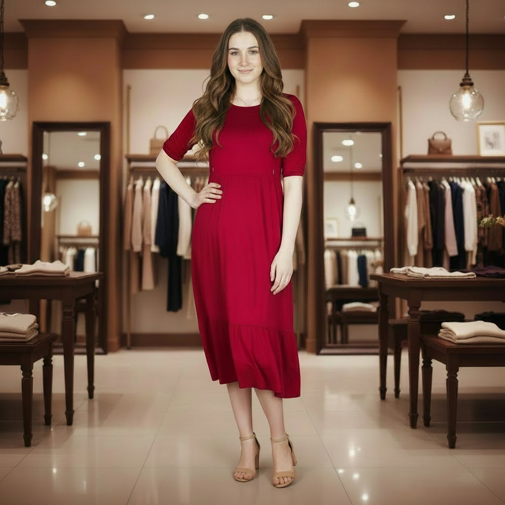 The Midi Breastfeeding Dress - Burgundy Cotton