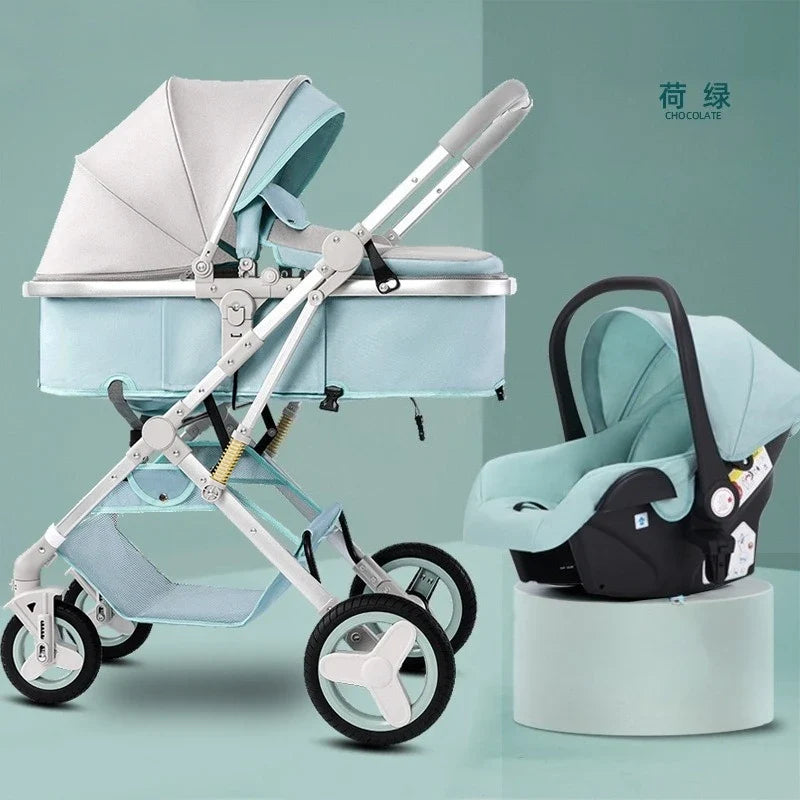Newborn 3-in-1 Stroller with High View, Two-way Sitting and Lying Function, Baby Stroller with Carrycot and Car Safety Seat
