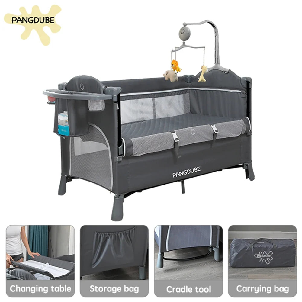 PANGDUBE 4-in-1 Baby Crib Multifunctional Convertible Bed with Rocker & Baby Playpen Newborn Changing Table Foldable Travel Cot
