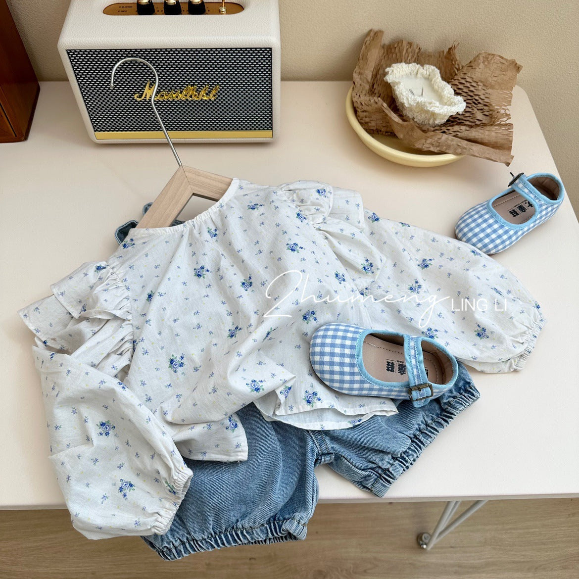 Children's Clothing Girls' Denim Brace Shorts Long-sleeved Floral Shirt