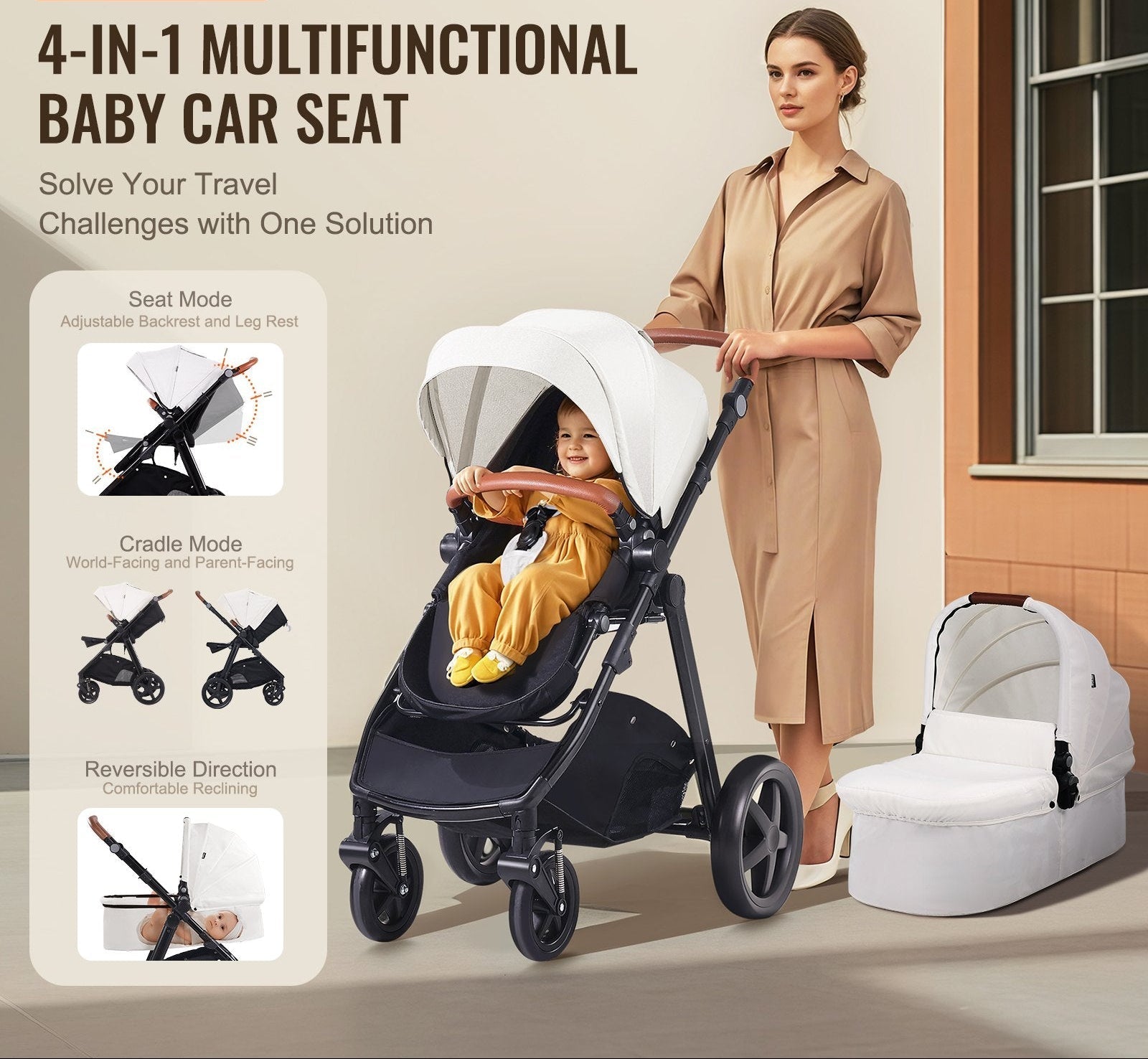 White Travel System Stroller - 2-in-1 Bassinet, Reversible Seat, Easy Fold