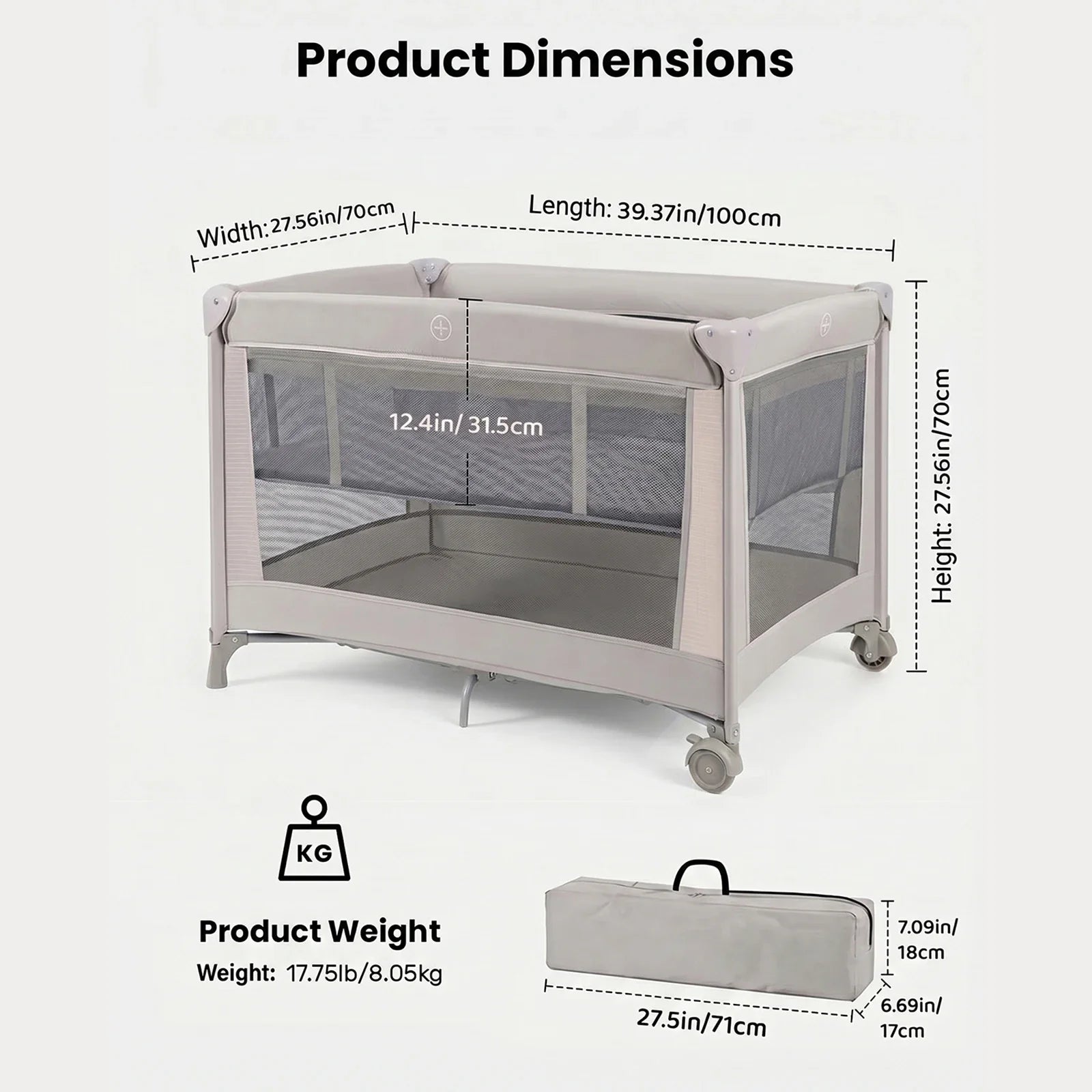 Foldable Travel Cot Set with Soft Mattress, Wheels & Travel Bag, Fast & Compact Folding for Newborn Toddler Indoor Outdoor Use