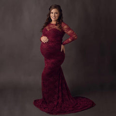 Women's Lace Maternity Round Neck Collar Trailing Long Dress