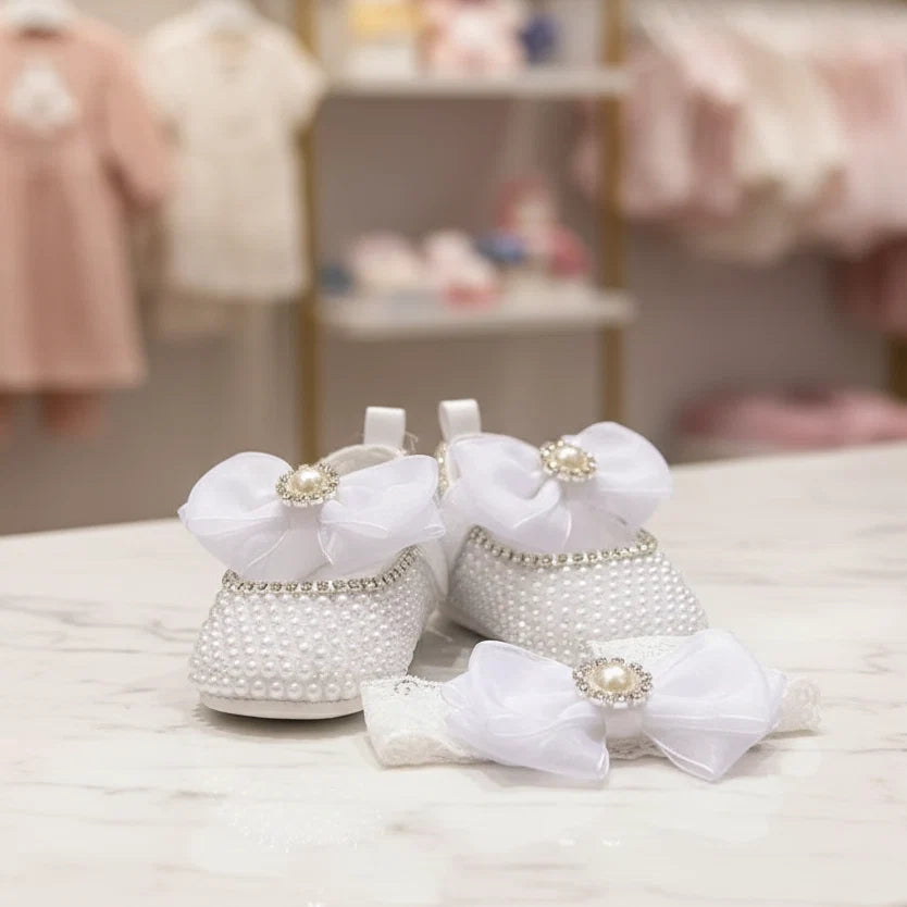 Handmade White Pearl Rhinestone Baby Crib Shoes Organza Christening Wedding 0-3m