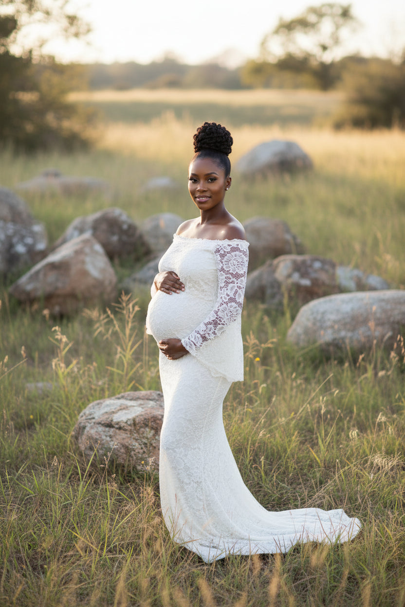Women's Lace Long-sleeved Mercerized Cotton Off-neck Maternity Dress