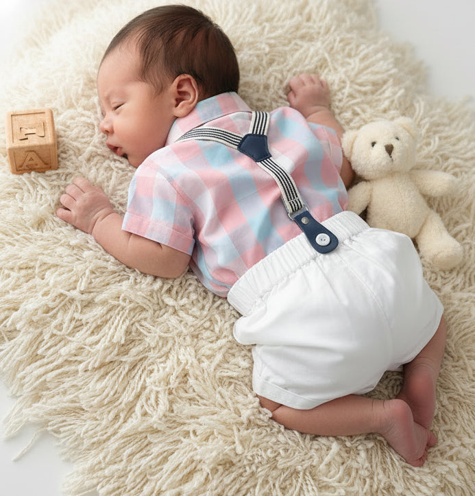 Summer Boys Gentleman Dress Short Sleeve Bodysuit Bib Shorts Set