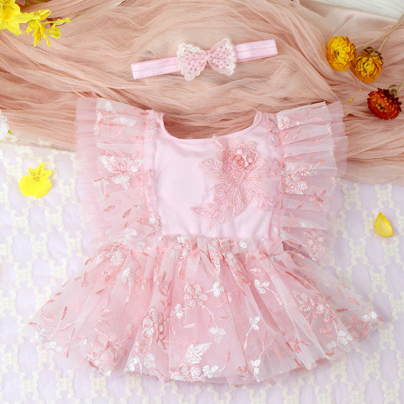 Two-piece Newborn Embroidery Floral Lace Mesh Jumpsuit