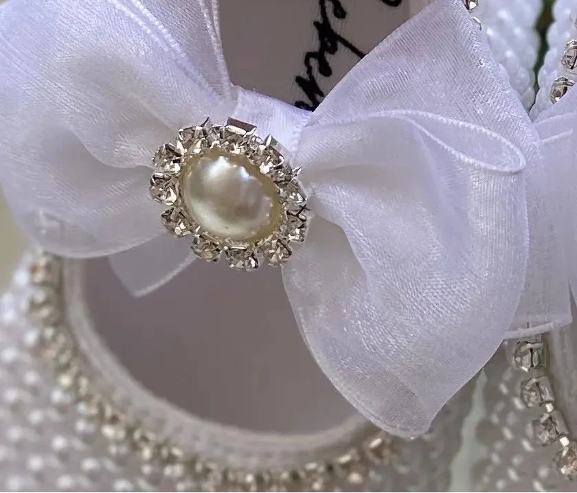 Handmade White Pearl Rhinestone Baby Crib Shoes Organza Christening Wedding 0-3m