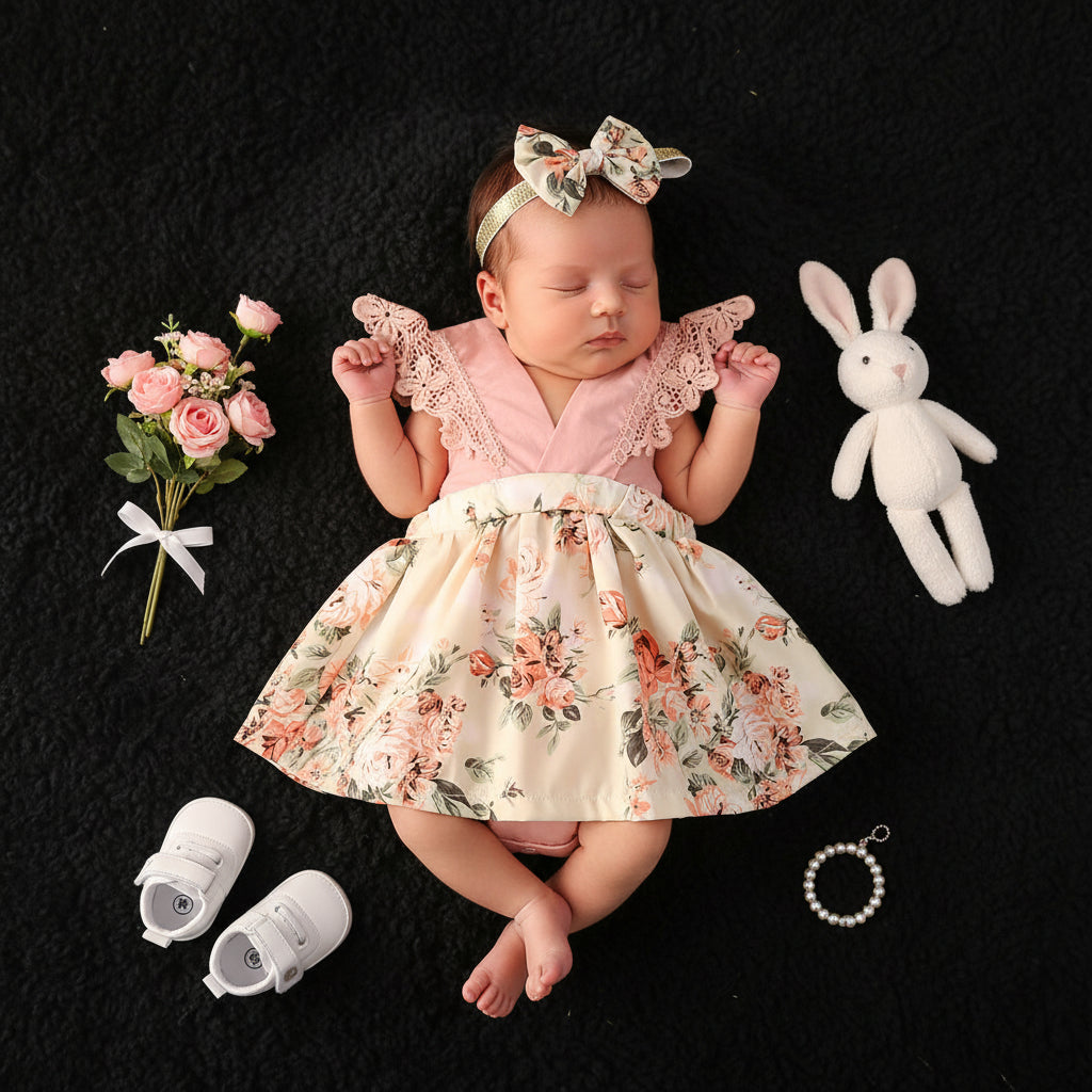 Girl Princess Clothes Baby Romper Girls Floral Lace V Neck Sleeveless  Jumpsuit Newborn Headband Kid Outfits Summer Clothing