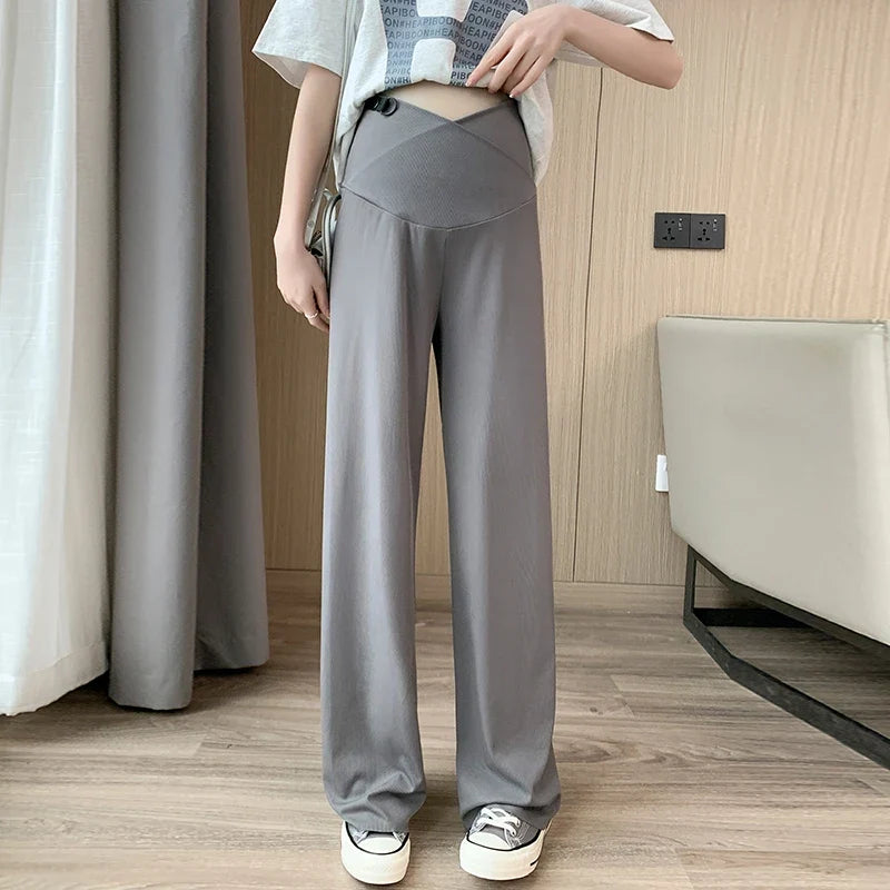 Maternity Straight Pants Summer Thin Cool Cotton Low Waist U Belly Clothes For Pregnant Women Wide Leg Loose Pregnancy Trousers