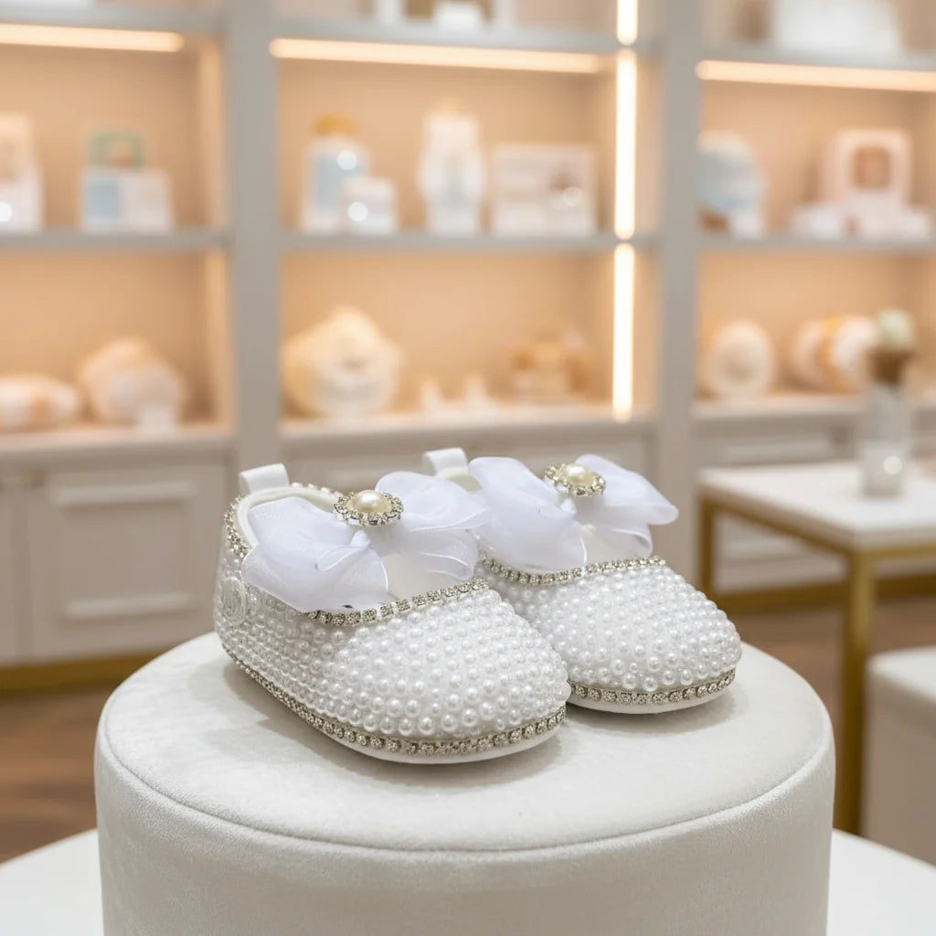 Handmade White Pearl Rhinestone Baby Crib Shoes Organza Christening Wedding 0-3m