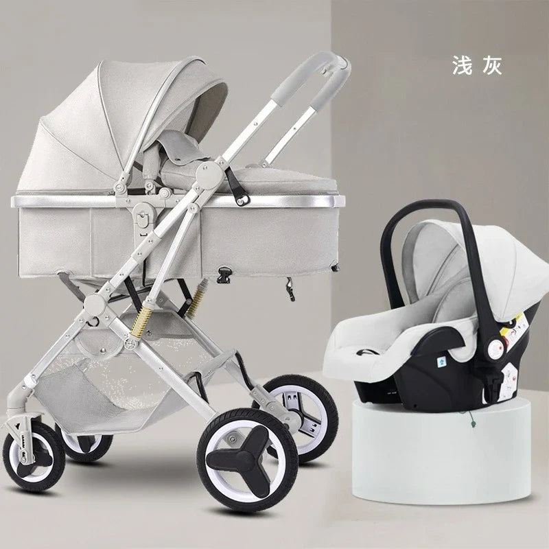 Newborn 3-in-1 Stroller with High View, Two-way Sitting and Lying Function, Baby Stroller with Carrycot and Car Safety Seat