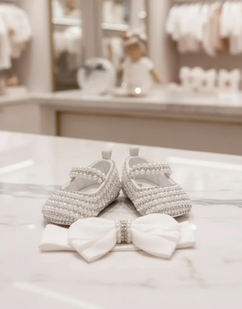 Handmade White Pearl Rhinestone Baby Crib Shoes Organza Christening Wedding 0-3m