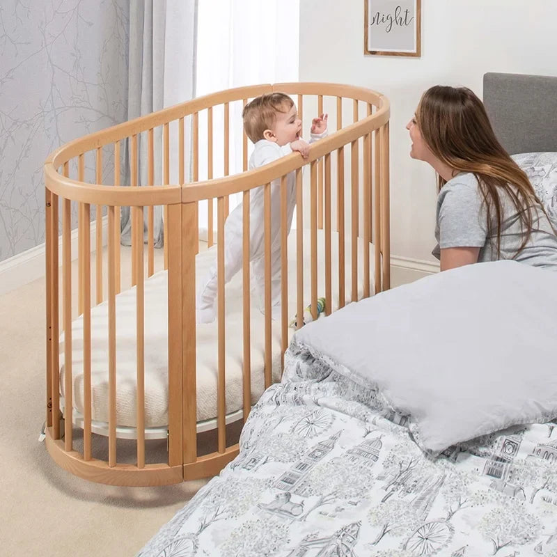 Only B2B Boori Adjustable Height Oval Newborn Baby Crib Wooden Cot with Wheels