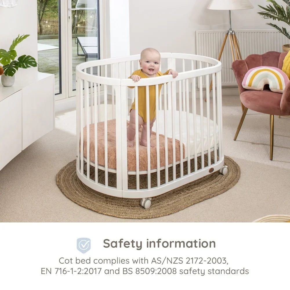 Only B2B Boori Adjustable Height Oval Newborn Baby Crib Wooden Cot with Wheels