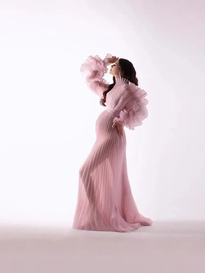 See-Through Pregnant Women With Big Belly Photo Pleated Organ Long Dress