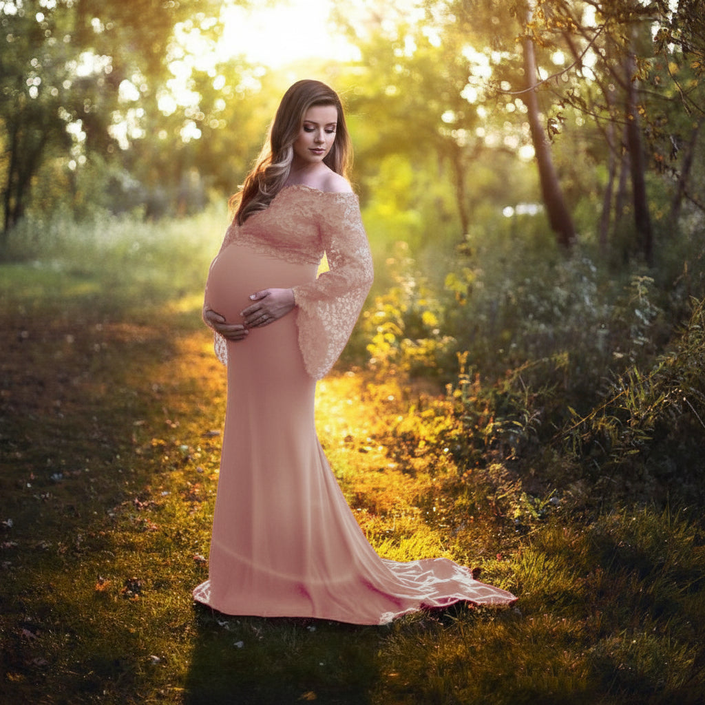 Women's Lace Long-sleeved Mercerized Cotton Off-neck Maternity Dress