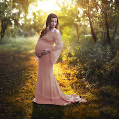 Women's Lace Long-sleeved Mercerized Cotton Off-neck Maternity Dress