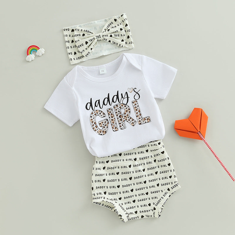 Summer Baby Girl Short Sleeve Adjustable Clothes Pants Hair Accessories Three-piece Set