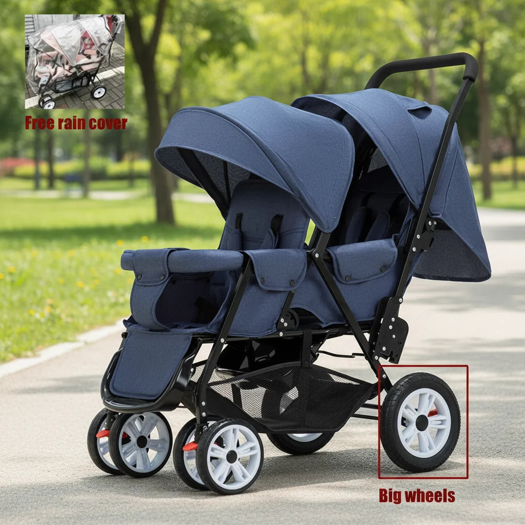 Twin Stroller Foldable With Front And Rear Seats For Two Kids