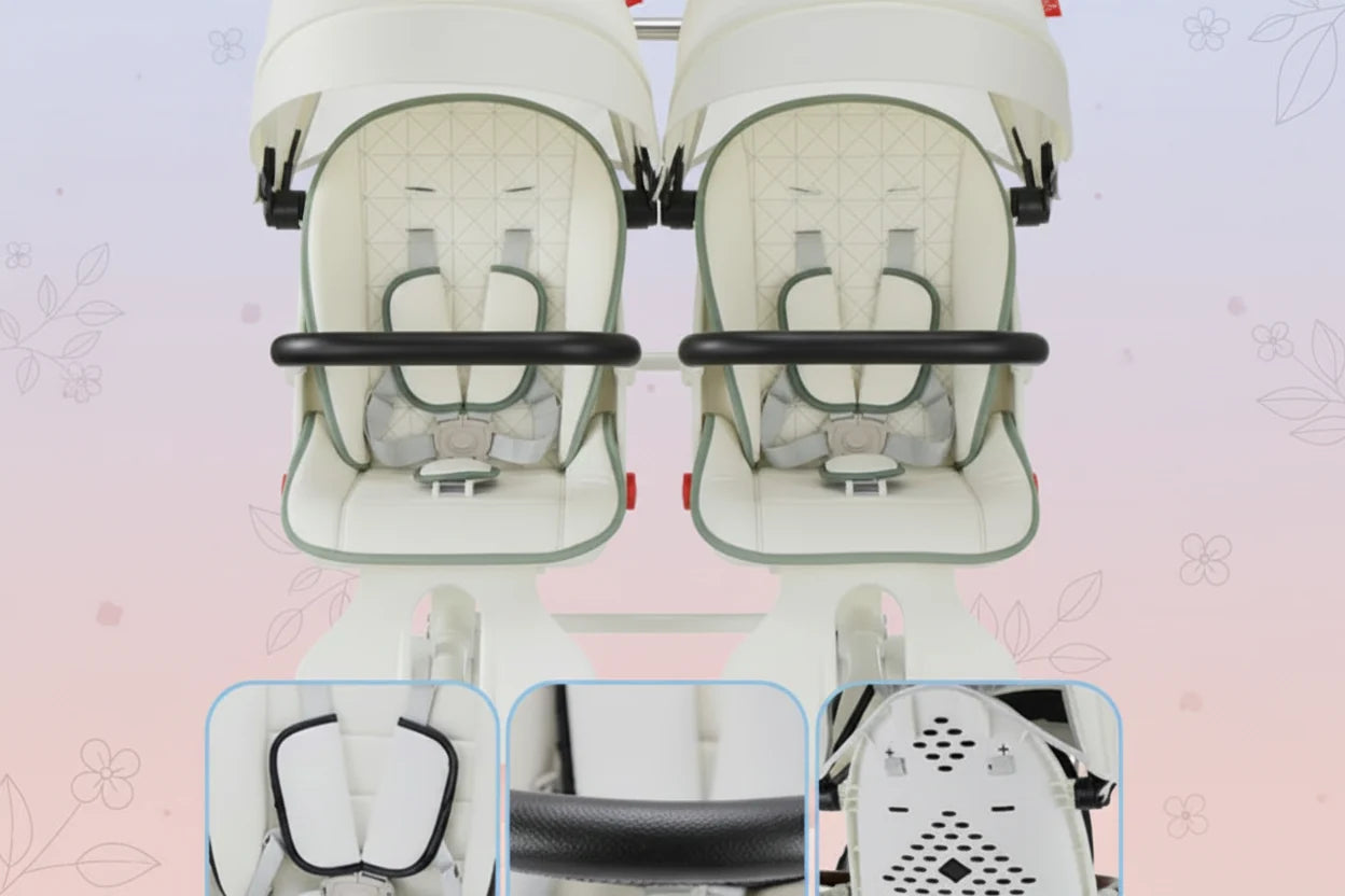 Twin Stroller Foldable Portable Four Wheel Infant Carriage