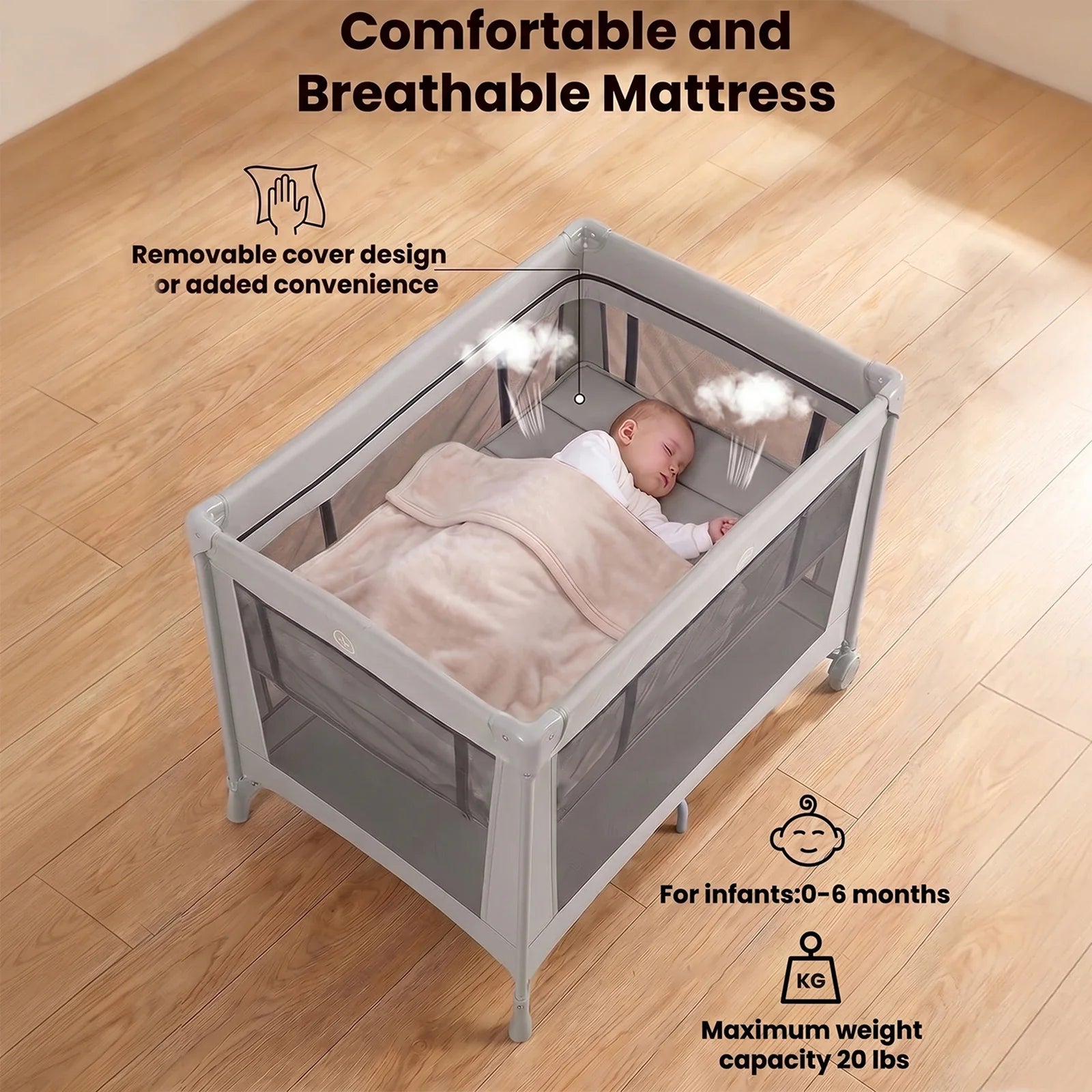 Foldable Travel Cot Set with Soft Mattress, Wheels & Travel Bag, Fast & Compact Folding for Newborn Toddler Indoor Outdoor Use