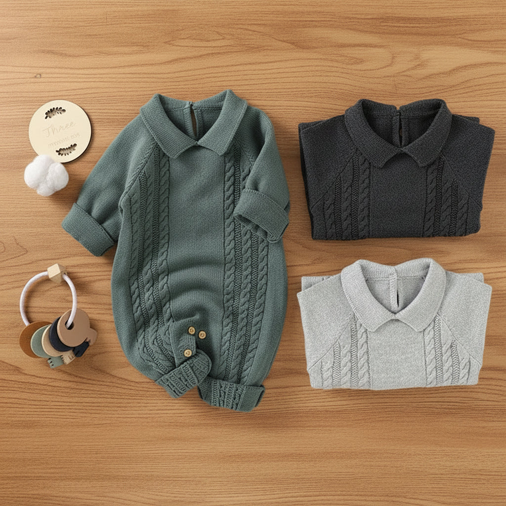 Lapel Baby Knit Jumpsuit - Soft Cotton, Lapel Style For Versatile Layering