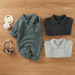 Lapel Baby Knit Jumpsuit - Soft Cotton, Lapel Style For Versatile Layering