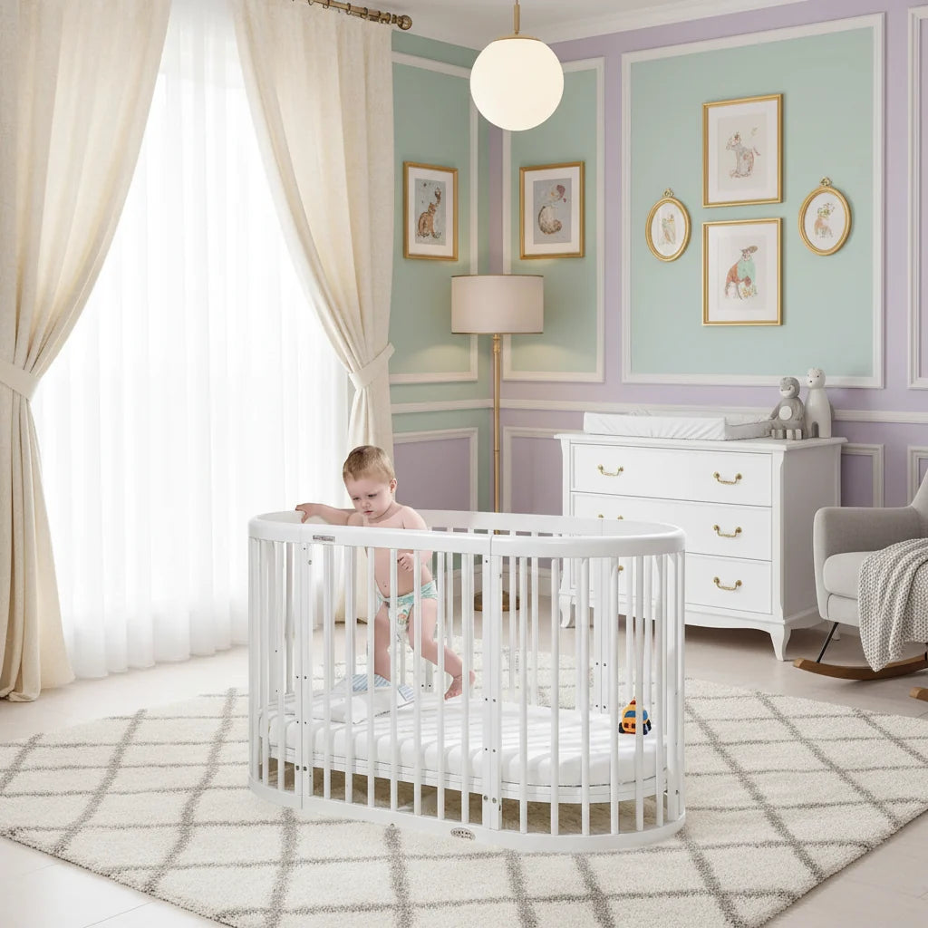 Oval Pine Baby Crib European White Finish Luxury Collection Limited Edition