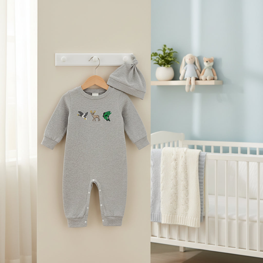 Newborn Baby Boy Outfits Long Sleeve Animal Print Romper & Hat 2Pcs Fall Winter Clothes Set