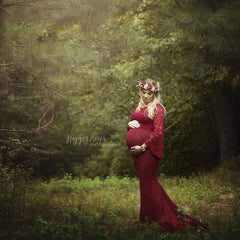 Women's Lace Long-sleeved Mercerized Cotton Off-neck Maternity Dress