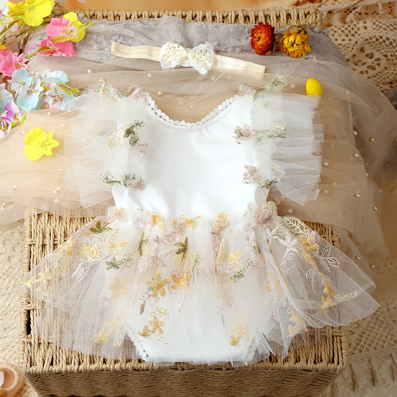Two-piece Newborn Embroidery Floral Lace Mesh Jumpsuit