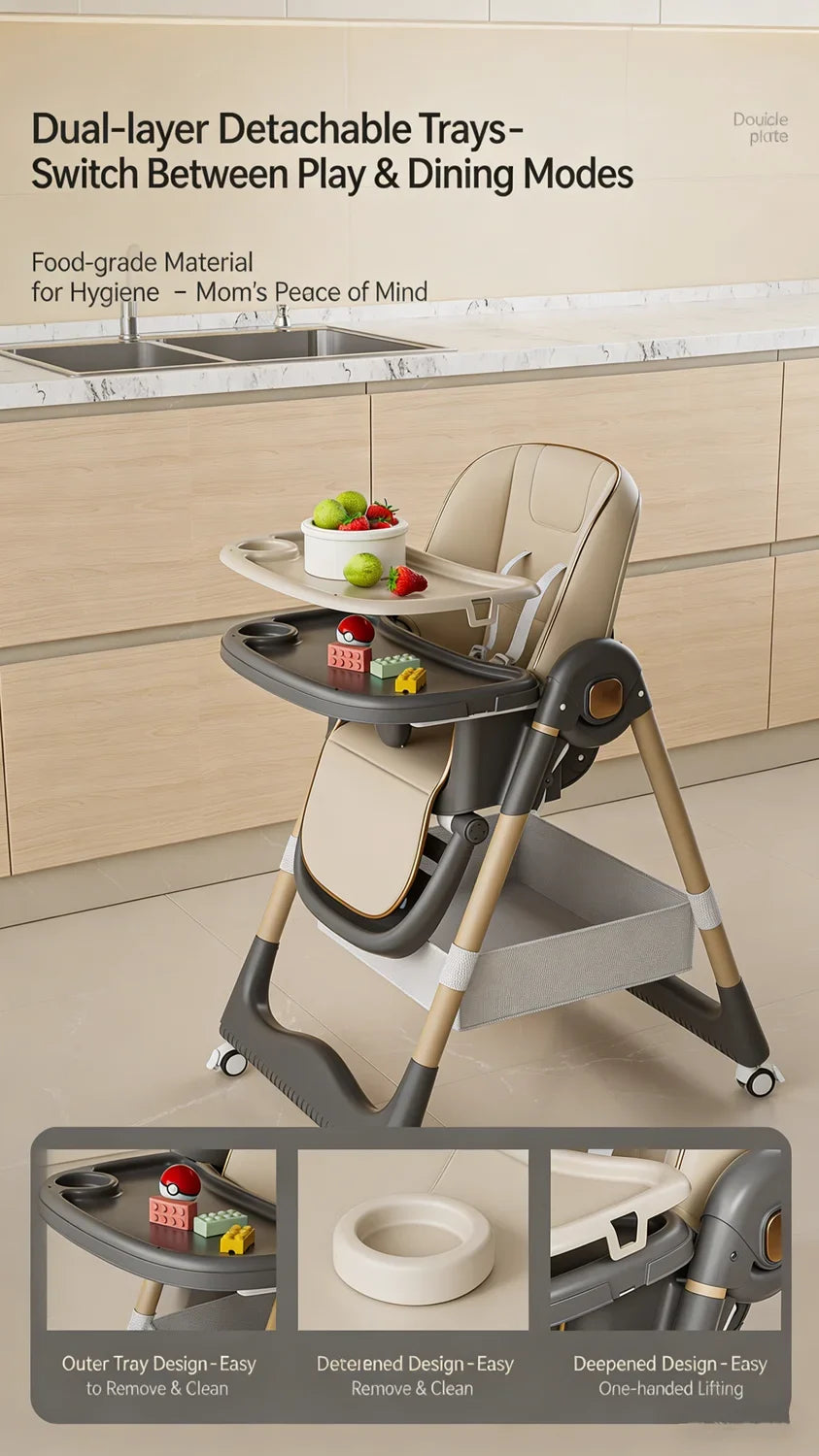 High Chairs for Babies and Toddlers, Foldable High Chair with Lockable Wheels, 4-in-1 Convertible, Adjustable Reclining Seat