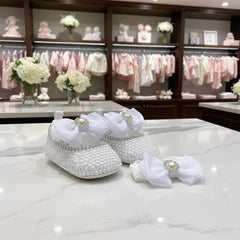 Handmade White Pearl Rhinestone Baby Crib Shoes Organza Christening Wedding 0-3m