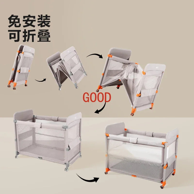 Smart baby crib folding and splicing large bed, multifunctional newborn baby crib, portable, movable, and adjustable