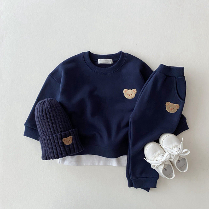 Korean Style Ins Newborn Infant Children's Cotton Bear Round Neck Sweater Sports Suit Baby Leisure Cartoon Two Piece Set