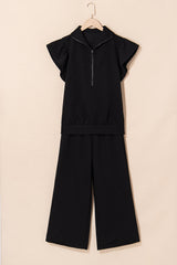 Kallie Ruffled Sleeve Zipped Top and Wide Leg Pants Set