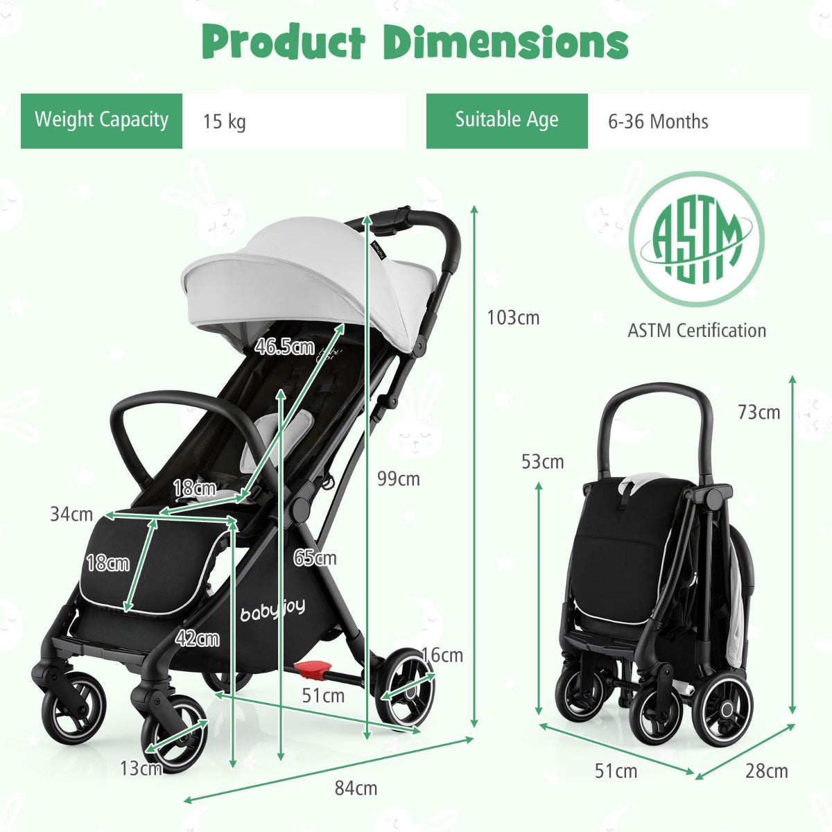 NNECW Folding Infant Stoller with Adjustable Canopy for 0-3 Years Old-Gray