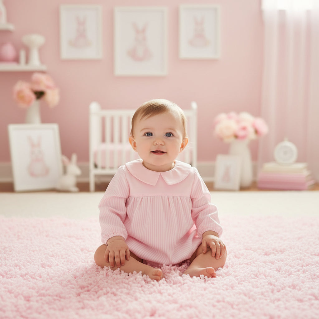 Pink  Infanfium Victoria Stripes Organic Cotton Poplin Baby Girl Rompers Exclusive