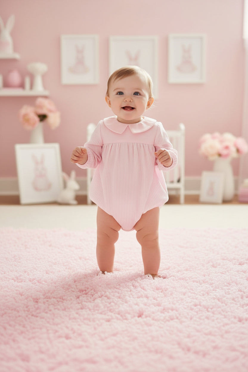 Pink  Infanfium Victoria Stripes Organic Cotton Poplin Baby Girl Rompers Exclusive