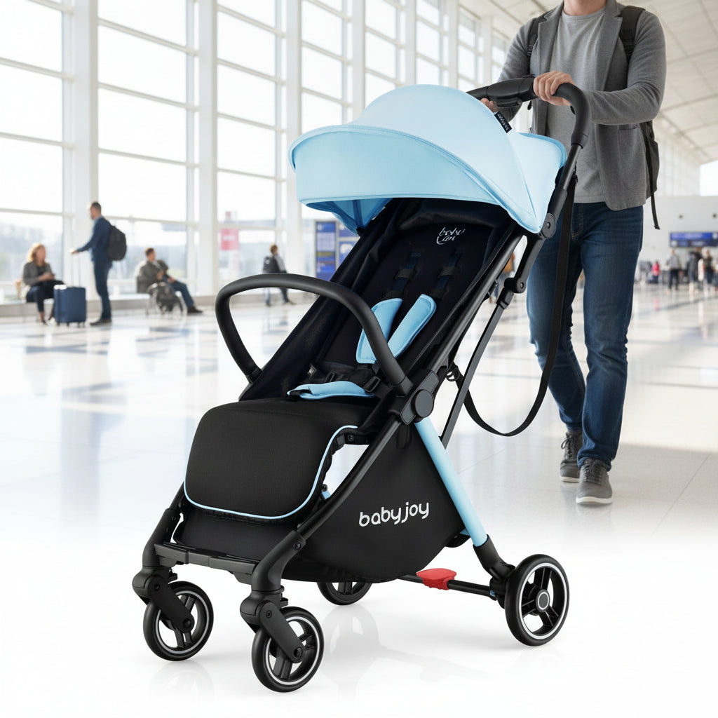 NNECW Self Standing Gravity Fold Infant Stoller with Adjustable Canopy for 0-3 Years Old-Blue