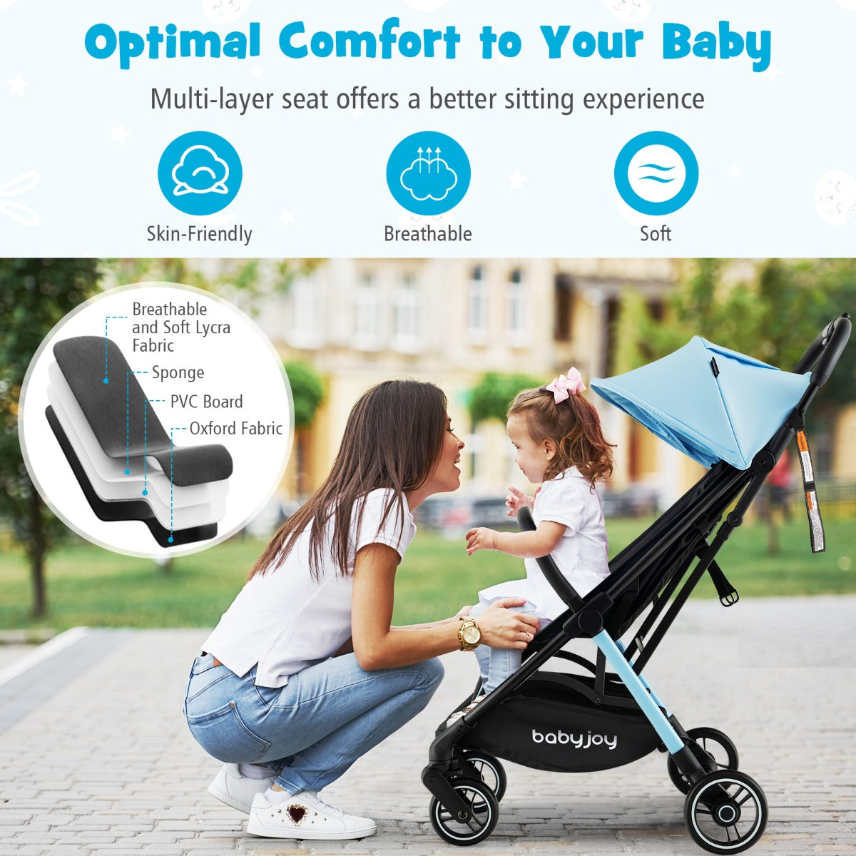 NNECW Self Standing Gravity Fold Infant Stoller with Adjustable Canopy for 0-3 Years Old-Blue