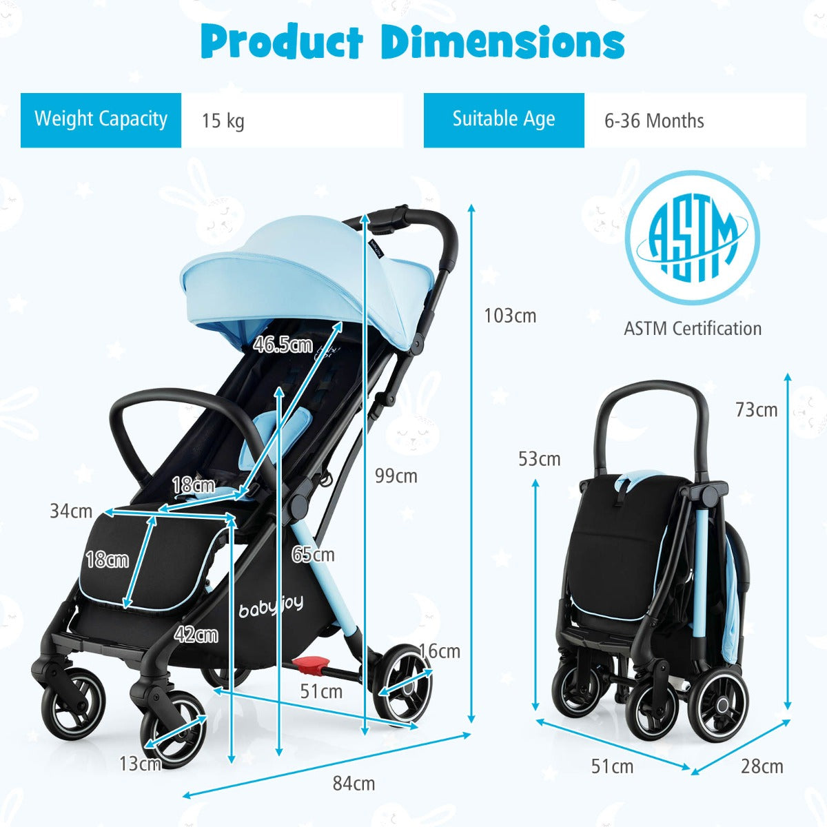 NNECW Self Standing Gravity Fold Infant Stoller with Adjustable Canopy for 0-3 Years Old-Blue